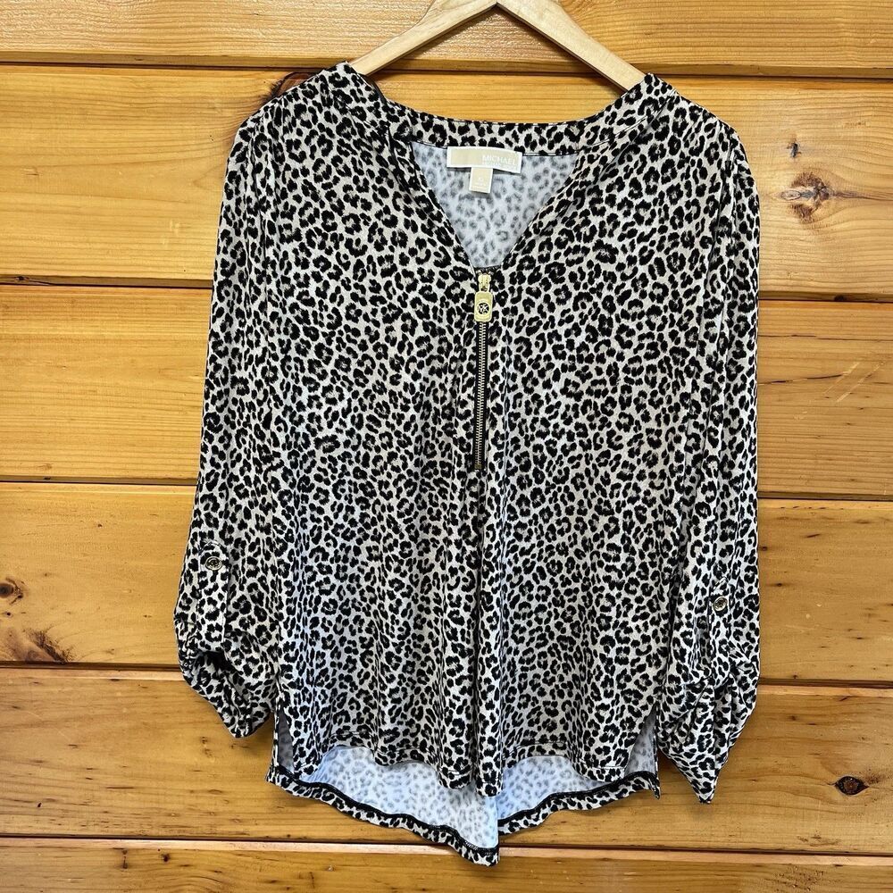 Michael Kors Gold Metal Zip V-Neck Roll Up Long Sleeve Blouse Leopard XL